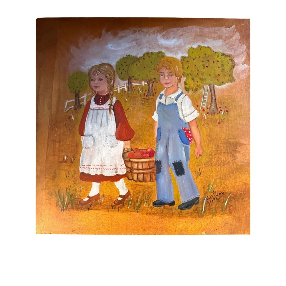 Vintage 1978 Hand Painted Folk Art Wooden Lap Desk Apple Picking J Burnley Box